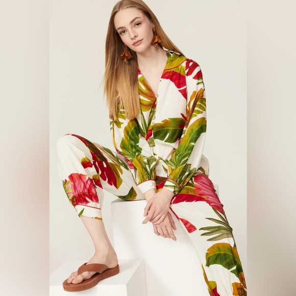 NWT Farm Rio Spring Forest Jumpsuit Tropical Linen Blend Slouchy As‎ Seen On XS - Picture 1 of 15